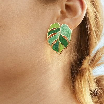 Salma Palm Leaf Enamel Earrings - Large enamel earrings with stylised leaves painted in complimentary shades of enamel paint.