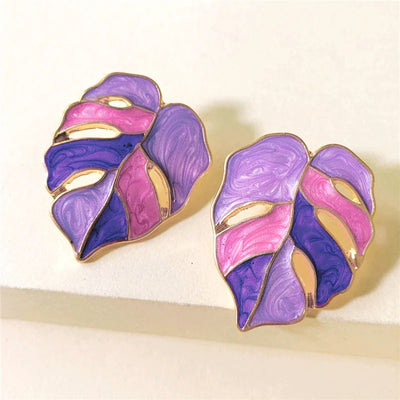 Salma Palm Leaf Enamel Earrings - Large enamel earrings with stylised leaves painted in complimentary shades of enamel paint.