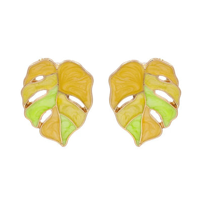 Salma Palm Leaf Enamel Earrings - Large enamel earrings with stylised leaves painted in complimentary shades of enamel paint.