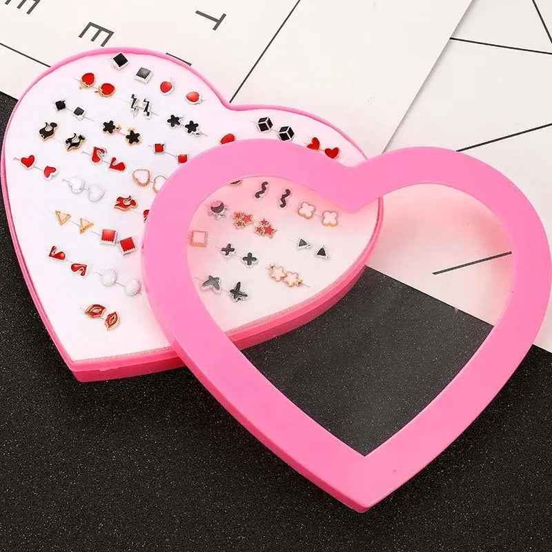 The Sassy Fash Children's Earring Set - an assortment of silicone-stemmed hypoallergenic earrings in a cute heart-shaped box.