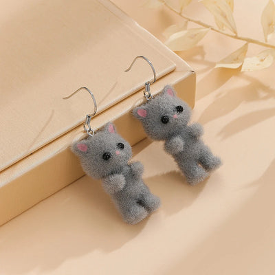 Selina Flocked Velvet Kitten Drop Earrings - Adorable little fuzzy humanoid kitty cat charms suspended from a French hook, available in your choice of grey, white, or pink.
