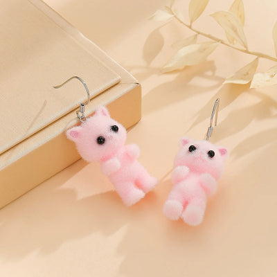 Selina Flocked Velvet Kitten Drop Earrings - Adorable little fuzzy humanoid kitty cat charms suspended from a French hook, available in your choice of grey, white, or pink.
