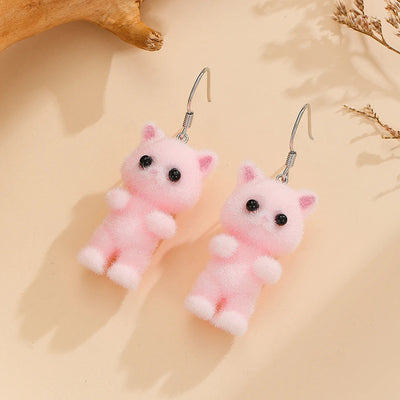 Selina Flocked Velvet Kitten Drop Earrings - Adorable little fuzzy humanoid kitty cat charms suspended from a French hook, available in your choice of grey, white, or pink.