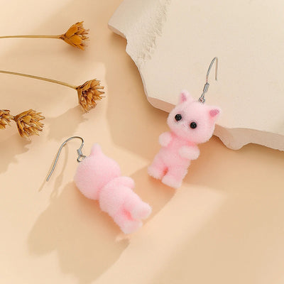 Selina Flocked Velvet Kitten Drop Earrings - Adorable little fuzzy humanoid kitty cat charms suspended from a French hook, available in your choice of grey, white, or pink.