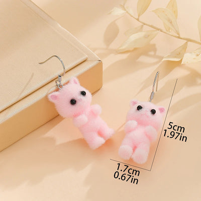 Selina Flocked Velvet Kitten Drop Earrings - Adorable little fuzzy humanoid kitty cat charms suspended from a French hook, available in your choice of grey, white, or pink.