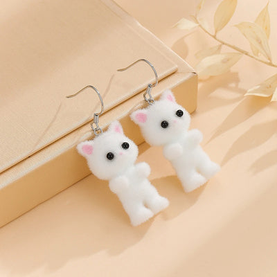 Selina Flocked Velvet Kitten Drop Earrings - Adorable little fuzzy humanoid kitty cat charms suspended from a French hook, available in your choice of grey, white, or pink.