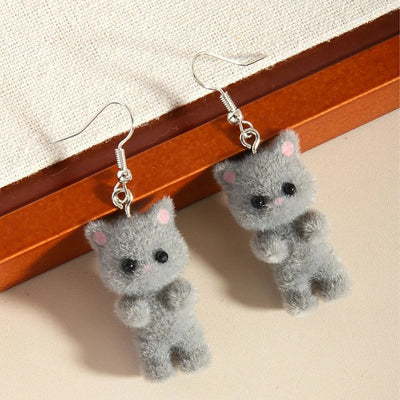 Selina Flocked Velvet Kitten Drop Earrings - Adorable little fuzzy humanoid kitty cat charms suspended from a French hook, available in your choice of grey, white, or pink.