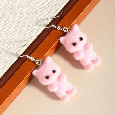 Selina Flocked Velvet Kitten Drop Earrings - Adorable little fuzzy humanoid kitty cat charms suspended from a French hook, available in your choice of grey, white, or pink.