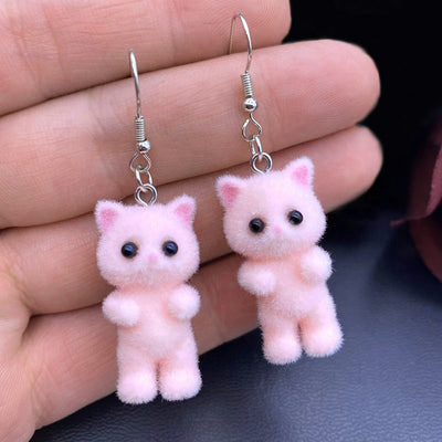 Selina Flocked Velvet Kitten Drop Earrings - Adorable little fuzzy humanoid kitty cat charms suspended from a French hook, available in your choice of grey, white, or pink.