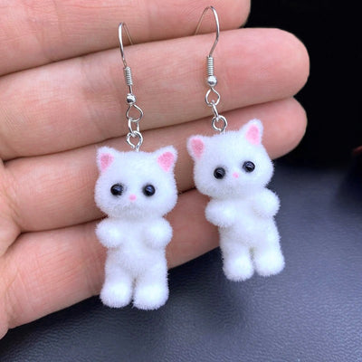 Selina Flocked Velvet Kitten Drop Earrings - Adorable little fuzzy humanoid kitty cat charms suspended from a French hook, available in your choice of grey, white, or pink.