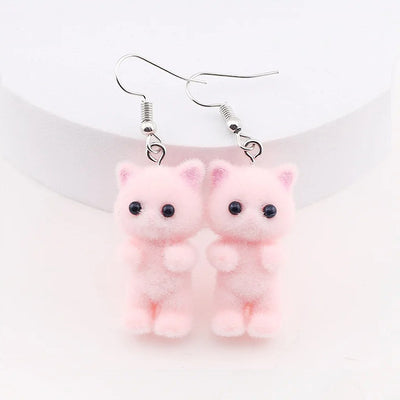 Selina Flocked Velvet Kitten Drop Earrings - Adorable little fuzzy humanoid kitty cat charms suspended from a French hook, available in your choice of grey, white, or pink.