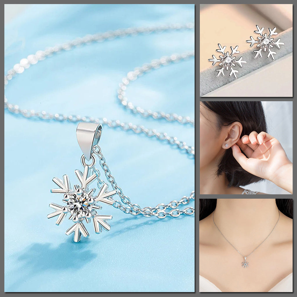 Snow Queen I Jewellery Set - Classic - A delicate snowflake-themed set of necklace and earrings, featuring snowflakes formed from silver branches around a single central crystal in the middle.