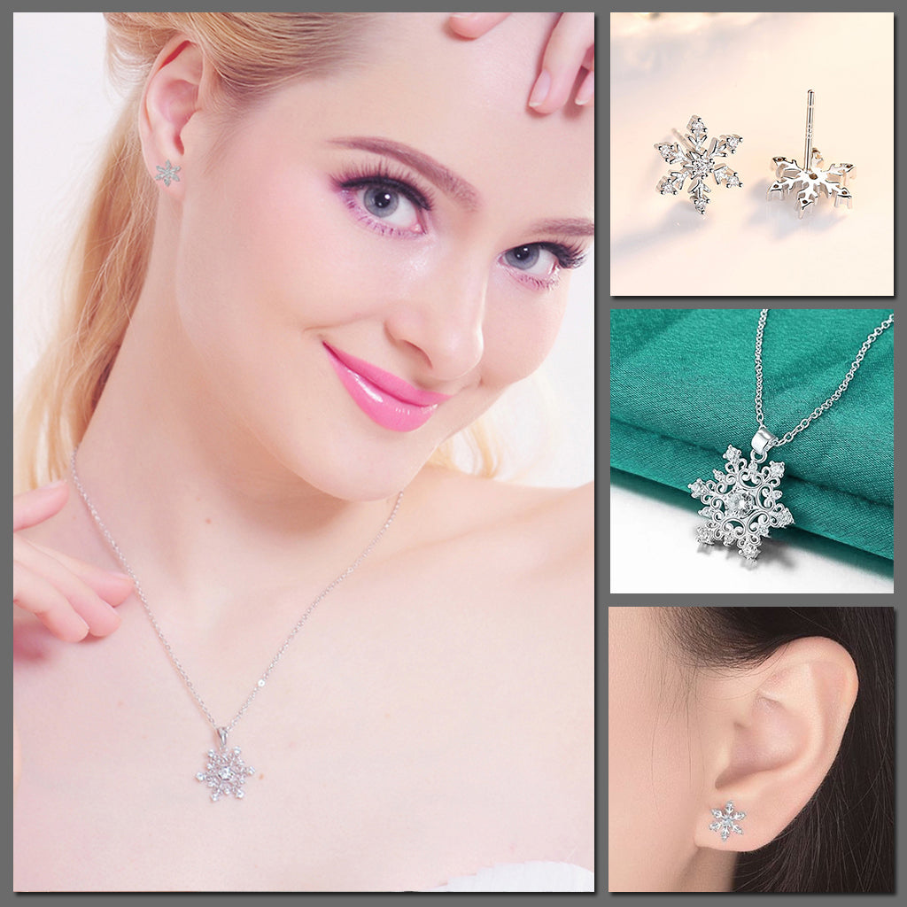 The Snow Queen II Jewellery Set - Crystal Tipped - A delicate snowflake-themed set of necklace and earrings, featuring snowflakes formed from textured silver with crystals set into the centre and tips.
