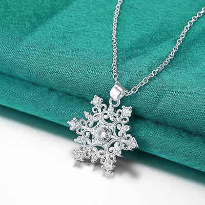 The Snow Queen II Jewellery Set - Crystal Tipped - A delicate snowflake-themed set of necklace and earrings, featuring snowflakes formed from textured silver with crystals set into the centre and tips.