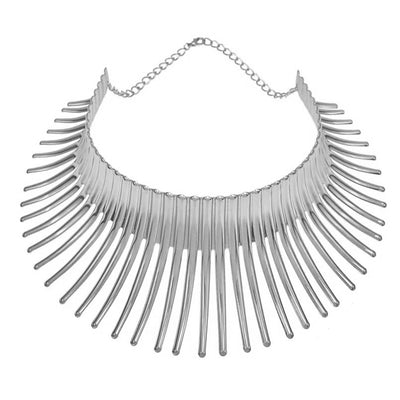 Solaris Radiant Statement Collar - A large metal choker/collar featuring long metal rays radiating out from the wearer's neck.