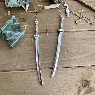 Takeko Gothic Katana Earrings - A pair of large, stylised dark silver toned stylised katana earrings.