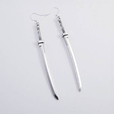 Takeko Gothic Katana Earrings - A pair of large, stylised dark silver toned stylised katana earrings.