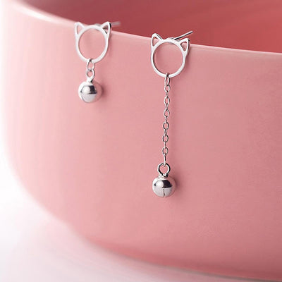 Tinklebell Silver Cat Bell & Tassel Earrings - A pair of simple silver earrings with a cat-shaped charm at the lobe, and a short length of silver chain with a bell on the end.