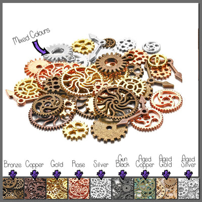 Cheeky Crafter Steampunk Gears - A pile of little metal gears designed for crafting, in a mix of gold, silver, bronze, copper, and other metallic colours.
