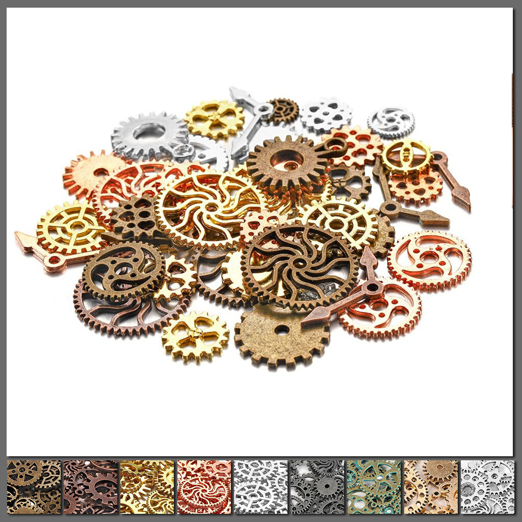 Cheeky Crafter Steampunk Gears - A pile of little metal gears designed for crafting, in a mix of gold, silver, bronze, copper, and other metallic colours.