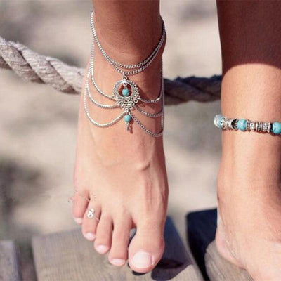 Delilah Bohemian Strand Anklet - A complex multi-strand dark silver anklet with lots of chains clustered around a central pendant, and a handful of turquoise beads.