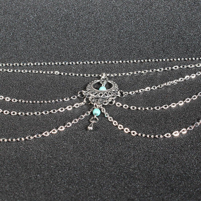 Delilah Bohemian Strand Anklet - A complex multi-strand dark silver anklet with lots of chains clustered around a central pendant, and a handful of turquoise beads.