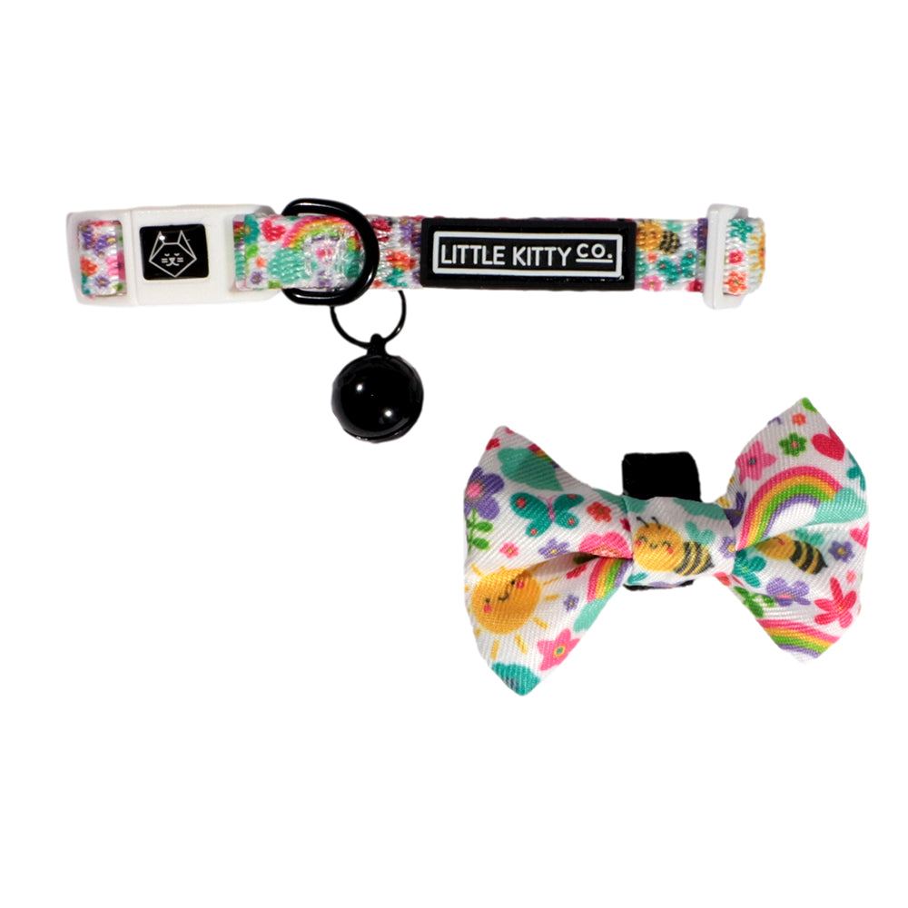 Follow The Rainbow is a cool, multi-coloured print featuring an assortment of adorable cartoon flowers, bees, and rainbows against a simple white background.  Available in collar, harness, and leash.