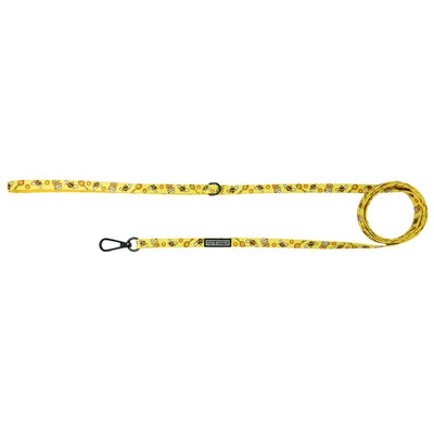 Little Kitty Co. Cat Leash - Bee-Hiving is a vibrant yellow harness featuring an adorable little print of cartoon bumblebees and honey. Buzz buzz, baby!