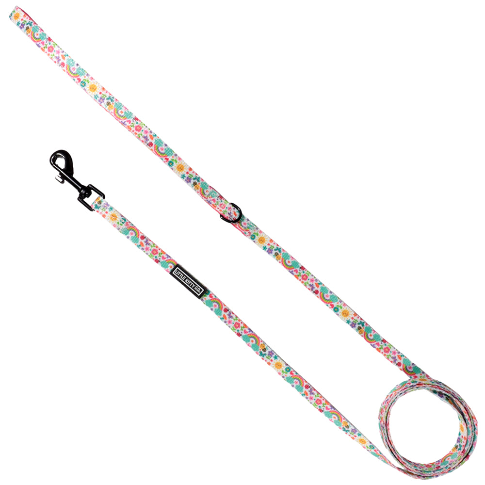 Follow The Rainbow is a cool, multi-coloured print featuring an assortment of adorable cartoon flowers, bees, and rainbows against a simple white background.  Available in collar, harness, and leash.