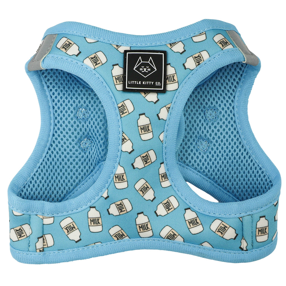Little Kitty Co. Cat Step-In Harness - Milk - Milk is an adorable baby blue design with a milk bottle pattern on it, perfect for a tiny kitten - or a bigger kitty who will be your baby forever, of course! 