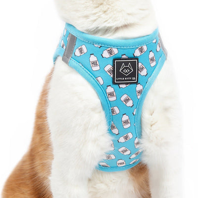 Little Kitty Co. Cat Step-In Harness - Milk - Milk is an adorable baby blue design with a milk bottle pattern on it, perfect for a tiny kitten - or a bigger kitty who will be your baby forever, of course!