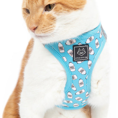 Little Kitty Co. Cat Step-In Harness - Milk - Milk is an adorable baby blue design with a milk bottle pattern on it, perfect for a tiny kitten - or a bigger kitty who will be your baby forever, of course!