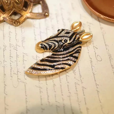 Majestic Zebra Oversized Brooch - An impressively large brooch crafted to look like the head and neck of a zebra in a relaxed pose.