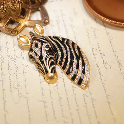 Majestic Zebra Oversized Brooch - An impressively large brooch crafted to look like the head and neck of a zebra in a relaxed pose.
