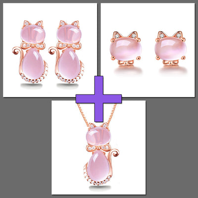 The Bastet Set - An adorable rose quartz/pink opal cat themed jewellery set.