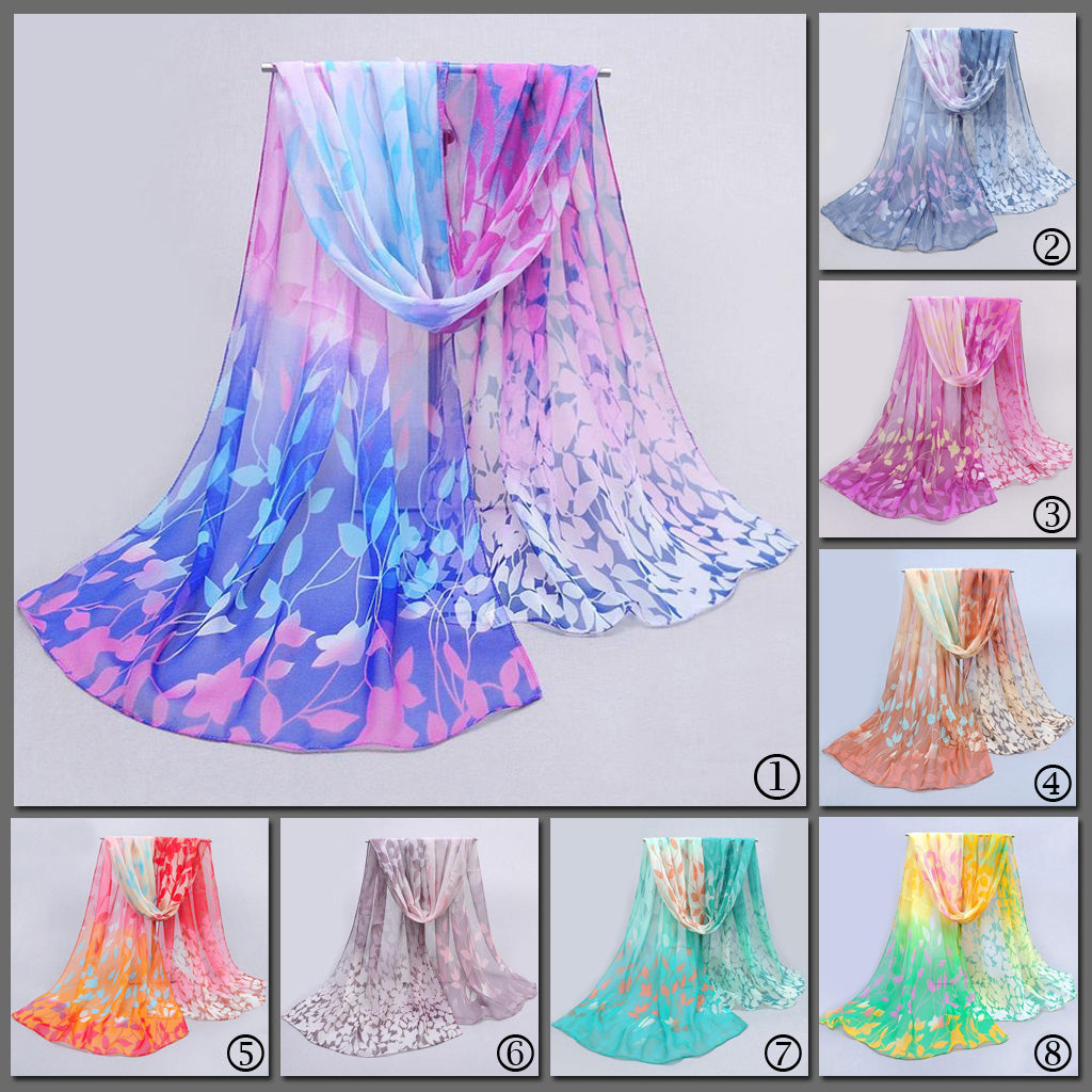 A beautiful chiffon scarf in eight different colours with a floral motif.