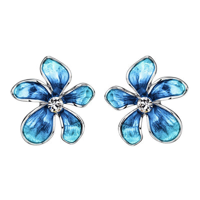 Asymmetrical flower earrings available in bright shades of blue, green, and purple.