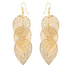 Large dangly leaf earrings available in gold or silver colours.