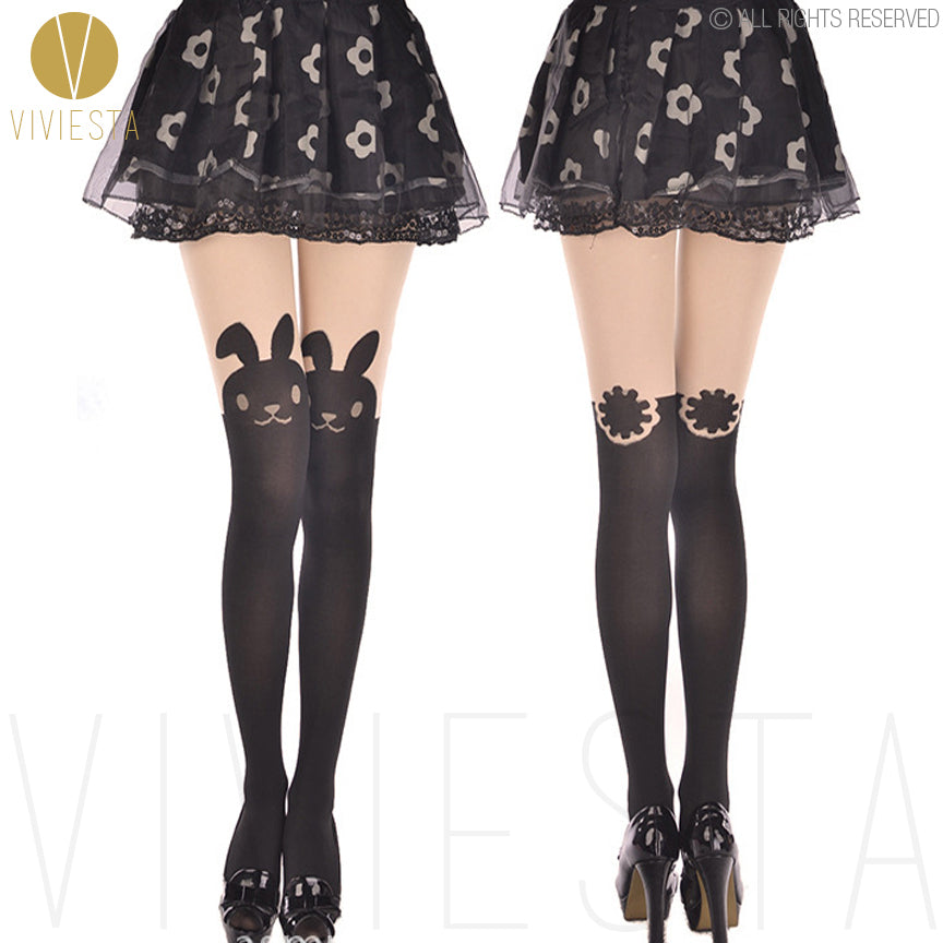 Viviesta Fashion Tights - High Quality High Stretch Mock Thigh Highs With A Cute Bunny Motif