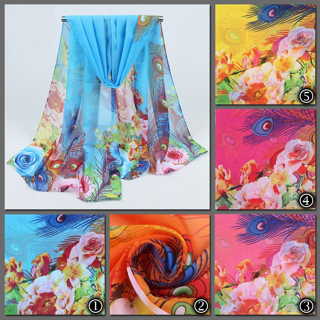 Beautiful chiffon scarves with peacock feather designs in a variety of vibrant colours.