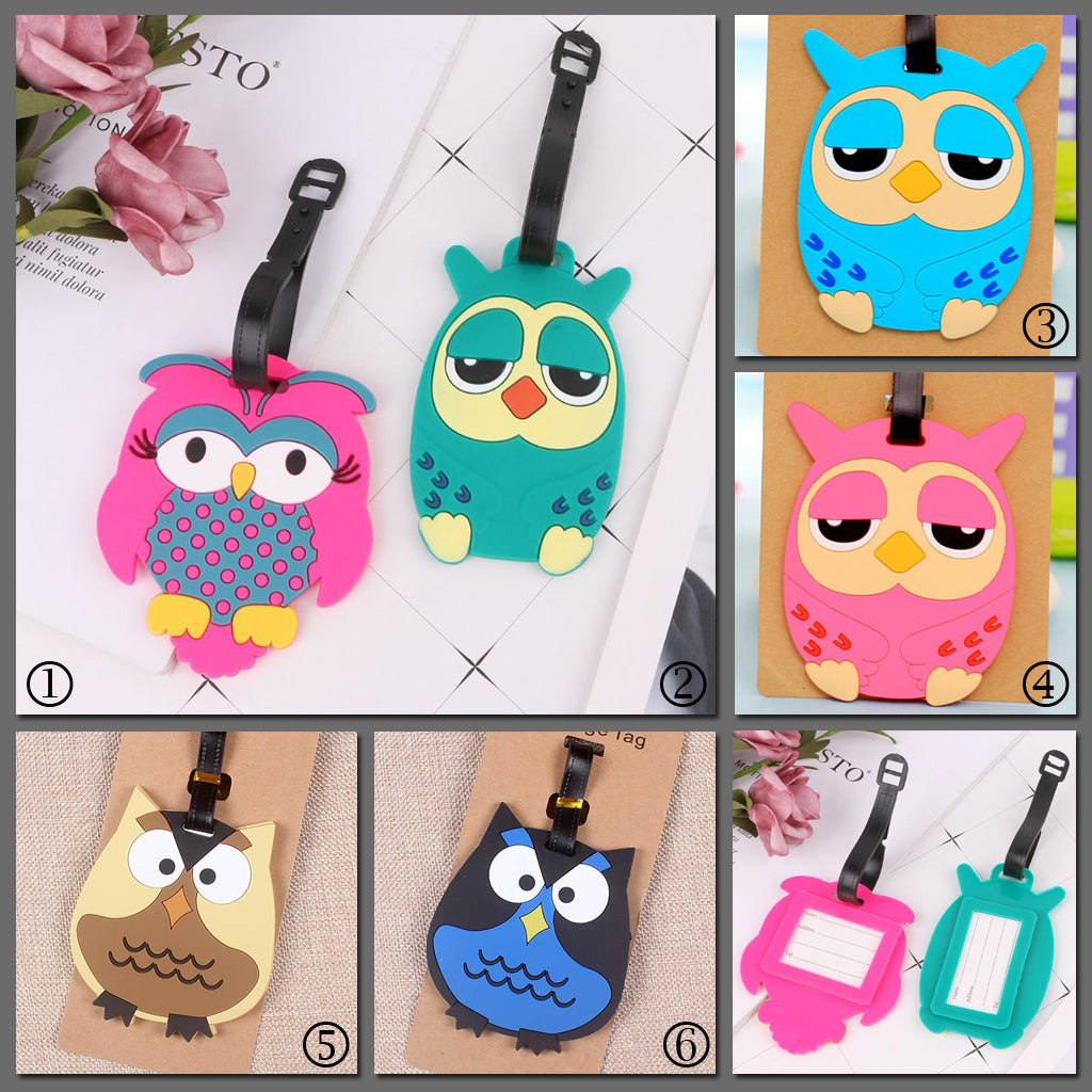 Tiny Wisey Tags - Super adorable luggage tags shaped like owls in shades of pink, blue, green, brown, and navy