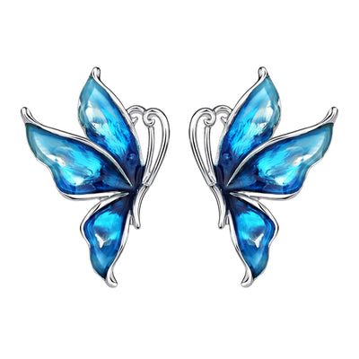Vibrantly colourful enamel earrings with a butterfly motif, available in blue, green, purple, and red.