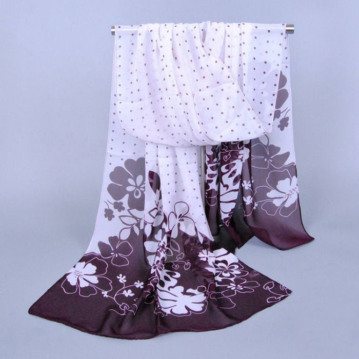 A lovely white and mauve polkadot and flower scarf. 