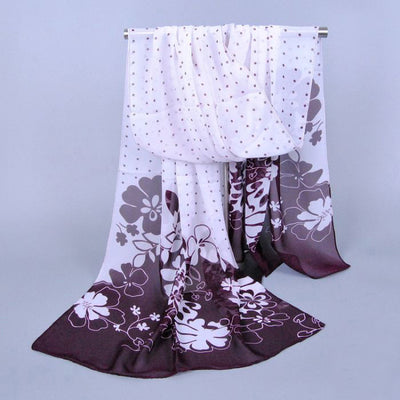 A lovely white and mauve polkadot and flower scarf.