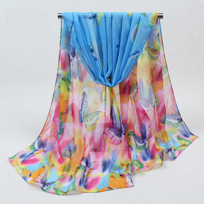 Beautiful chiffon scarves with butterfly designs in a variety of vibrant colours.