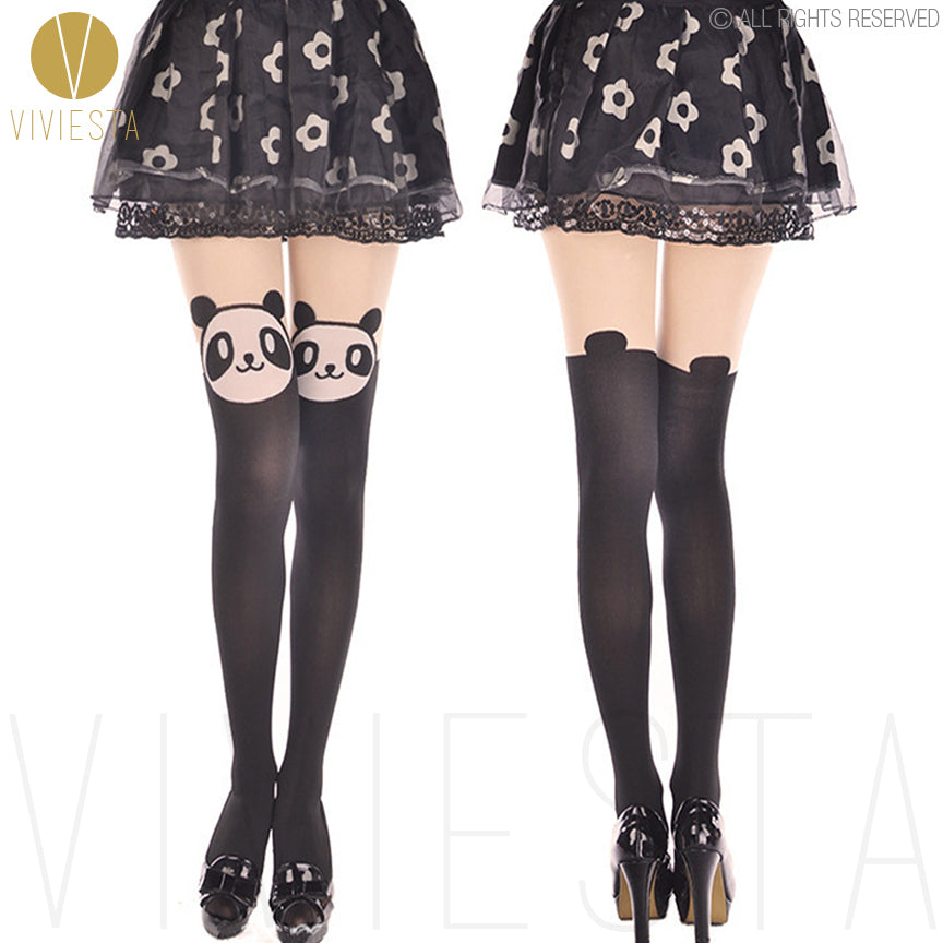 Viviesta Fashion Tights - High Quality High Stretch Mock Thigh Highs With A Cute Panda Motif