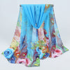 Beautiful chiffon scarves with peacock feather designs in a variety of vibrant colours.