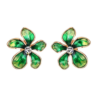 Asymmetrical flower earrings available in bright shades of blue, green, and purple.