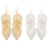 Large dangly leaf earrings available in gold or silver colours.