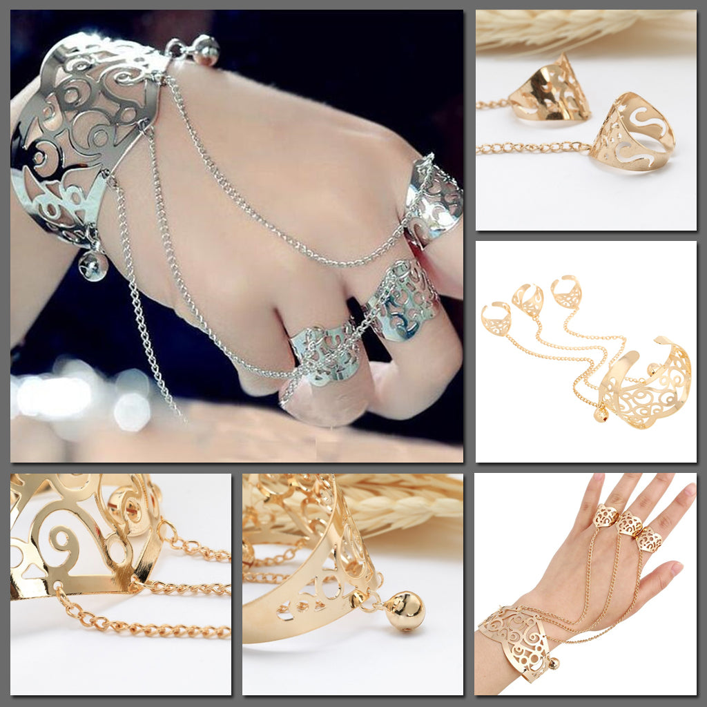 The Asphodel Bracelet - A lovely ornate hand flower with a two bells and three chained rings. 